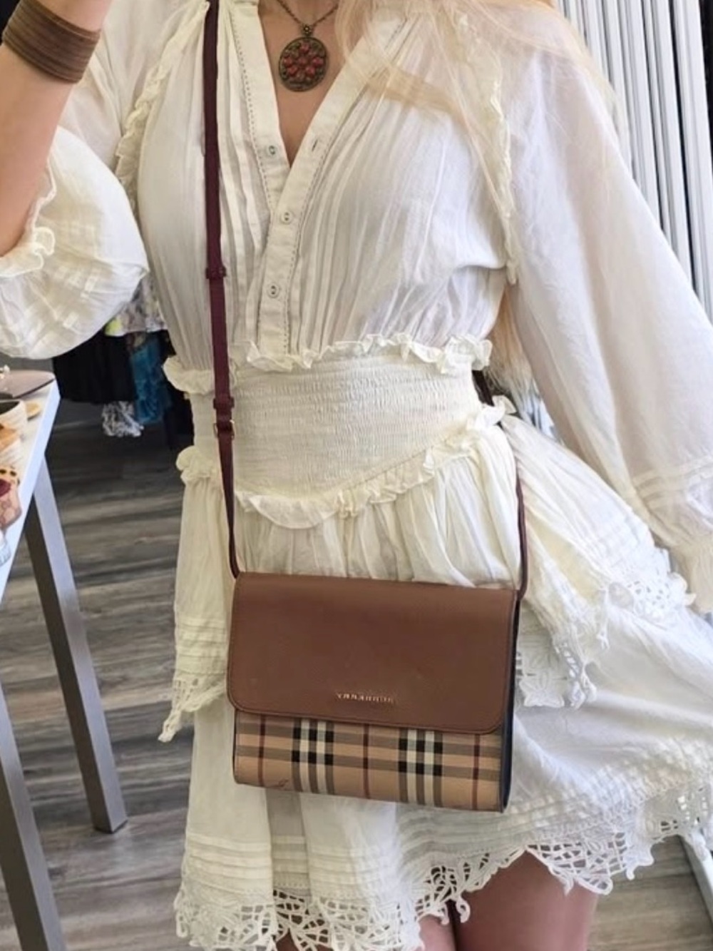 Burberry Tan Check and Brown Leather Crossbody Bag